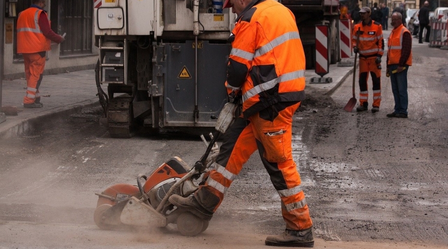 Een stratenmaker is aan het werk bij het repareren van een weg.